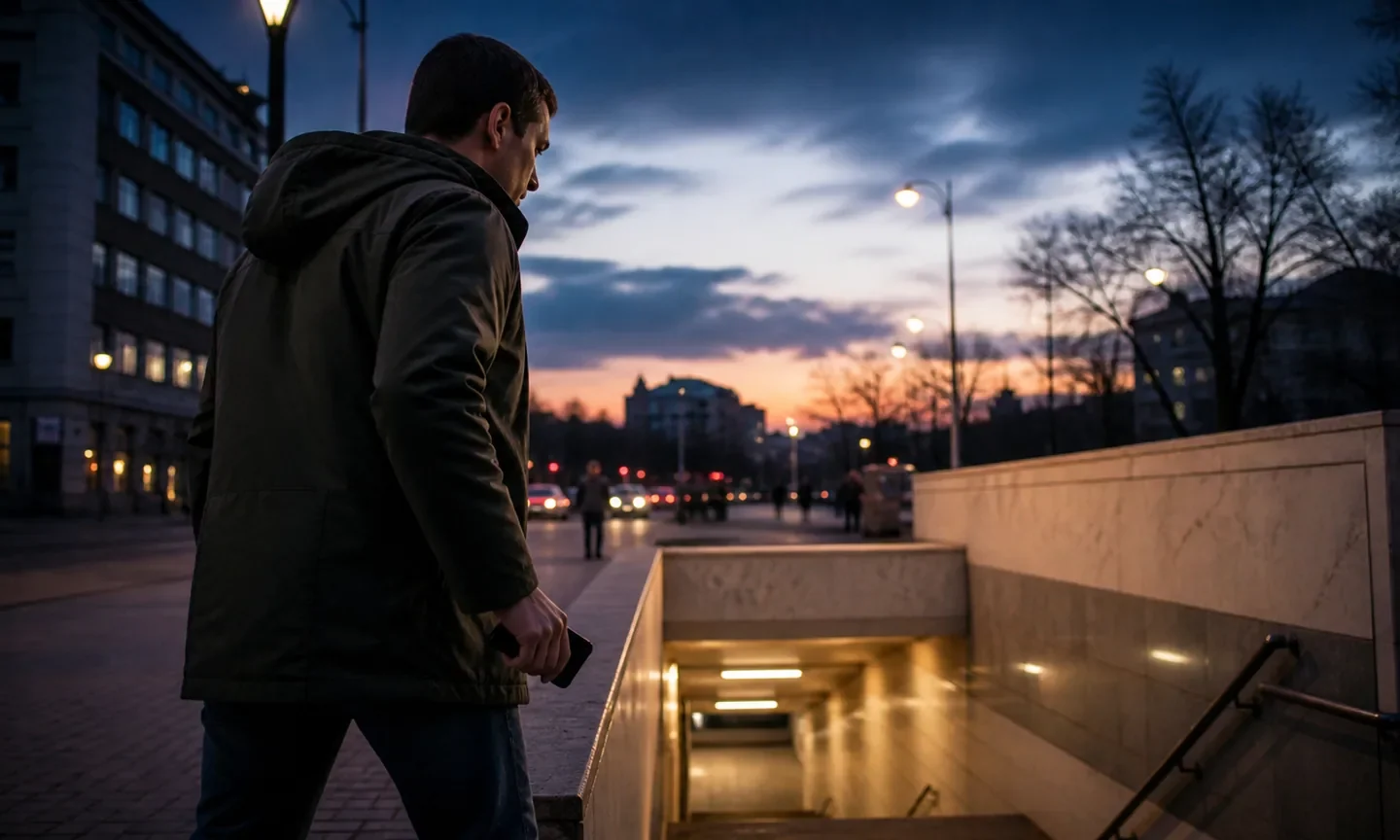 Людина прибирає смартфон і прямує до підземного укриття під час повітряної тривоги