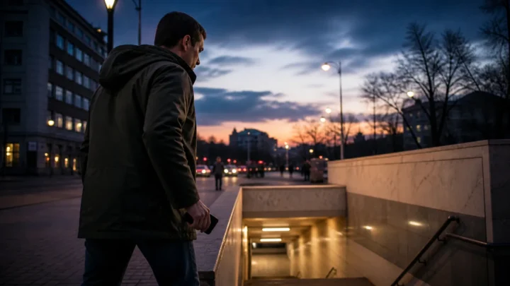Людина прибирає смартфон і прямує до підземного укриття під час повітряної тривоги