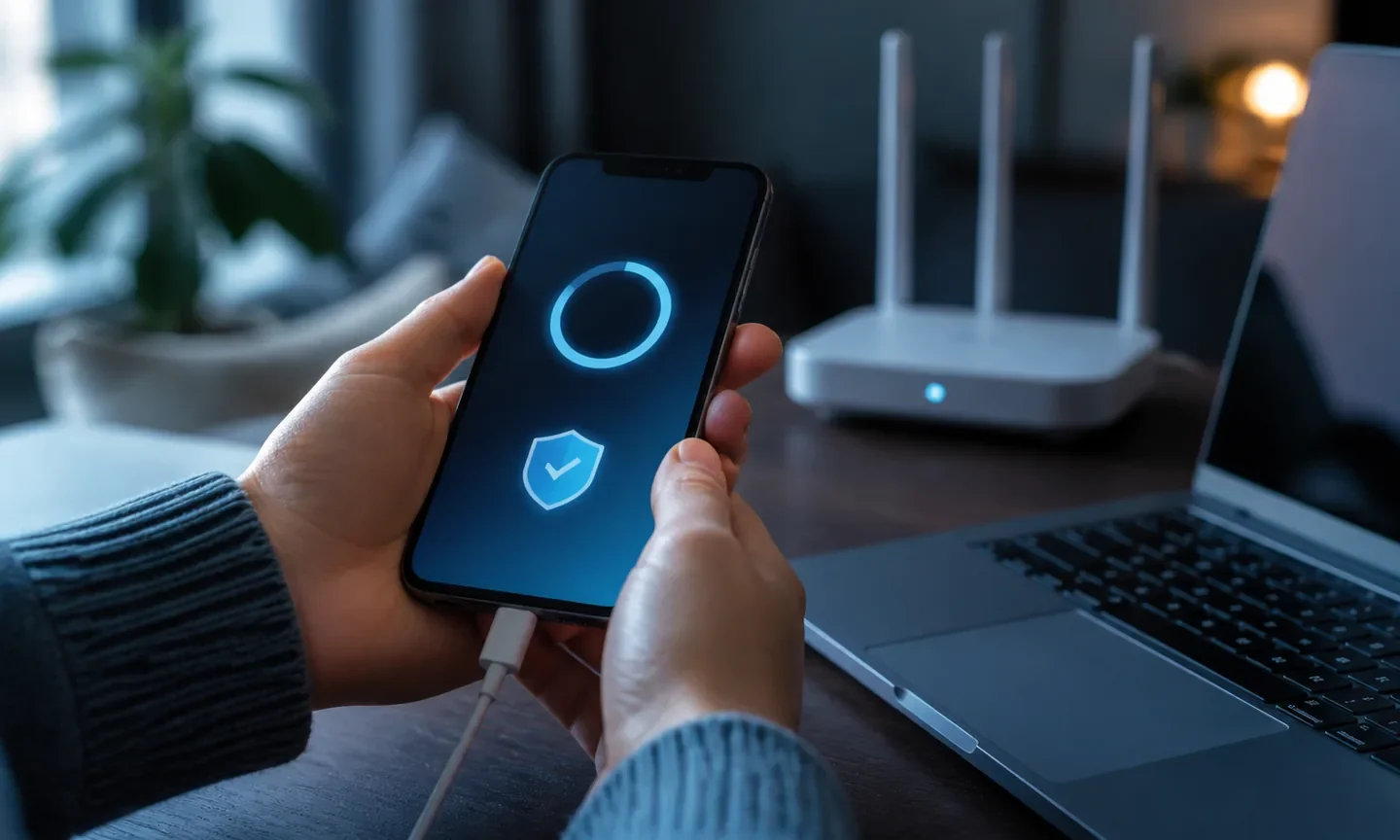 Користувач установлює безпекове оновлення смартфона біля ноутбука й домашнього роутера