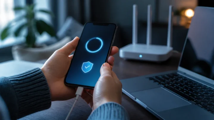 Користувач установлює безпекове оновлення смартфона біля ноутбука й домашнього роутера