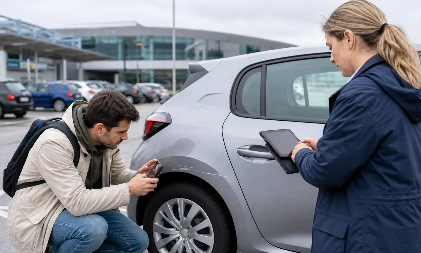 Мандрівник фотографує подряпину на орендованому авто разом із працівницею прокату