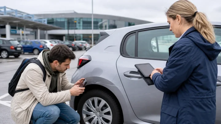 Мандрівник фотографує подряпину на орендованому авто разом із працівницею прокату