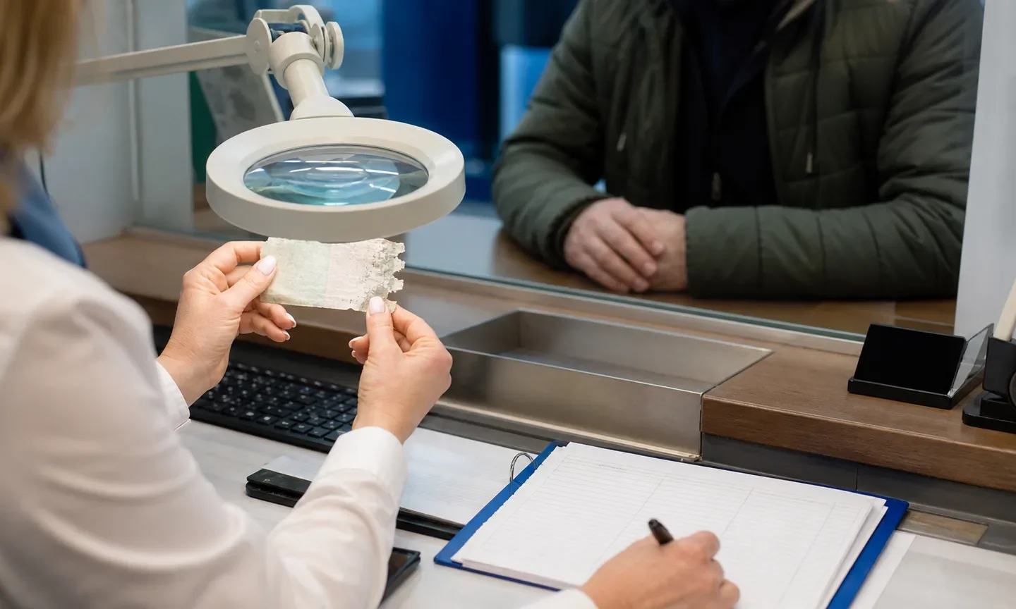 Працівниця банку досліджує пошкоджену банкноту під збільшувальною лампою