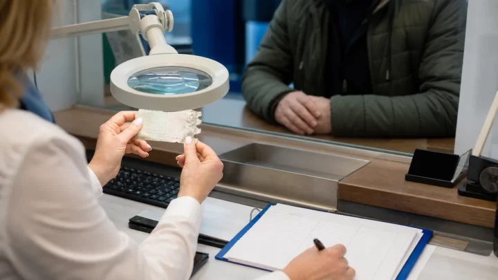 Працівниця банку досліджує пошкоджену банкноту під збільшувальною лампою