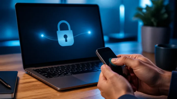 Користувач підтверджує захищений вхід на телефоні біля ноутбука із символом замка на екрані