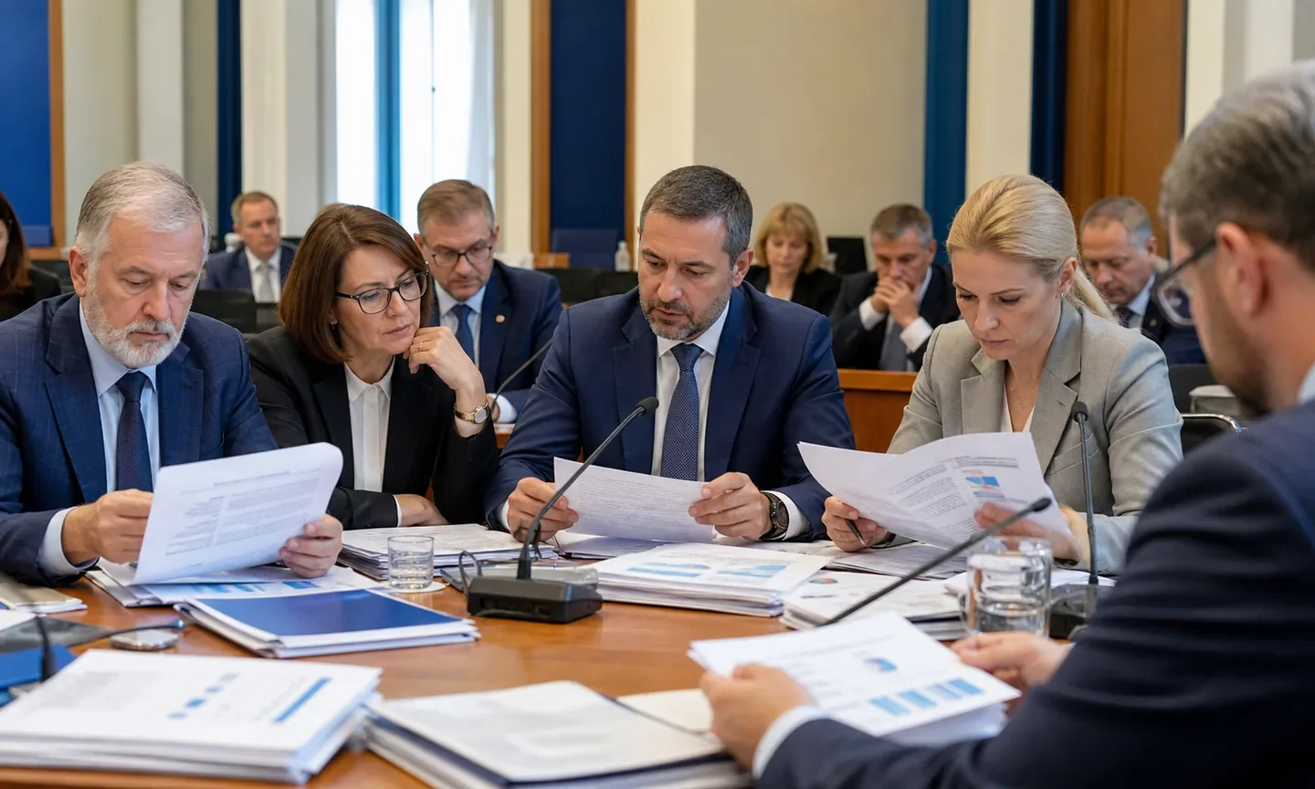 Члени парламентської комісії вивчають документи та звіти у залі засідань