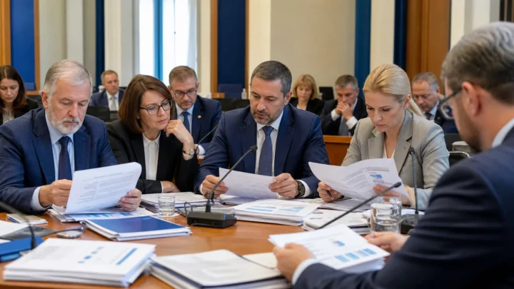 Члени парламентської комісії вивчають документи та звіти у залі засідань