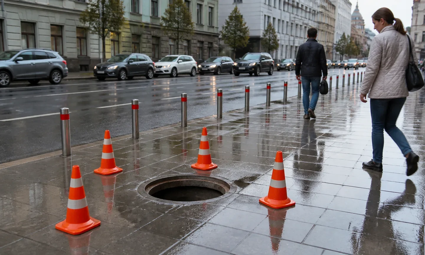 Відкритий люк на мокрому київському тротуарі, огороджений попереджувальними конусами