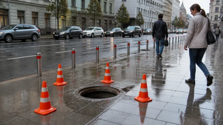 Відкритий люк на мокрому київському тротуарі, огороджений попереджувальними конусами