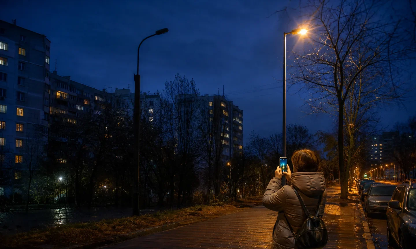 Мешканка фотографує непрацюючий ліхтар на темній київській вулиці