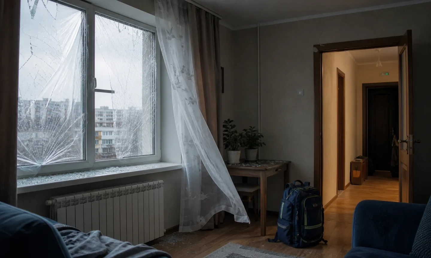 Пошкоджене вибуховою хвилею вікно, коридор і підготовлений рюкзак у квартирі
