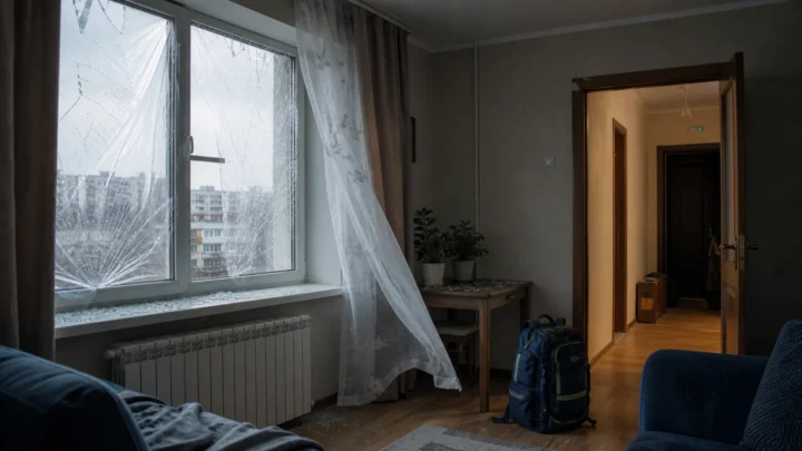 Пошкоджене вибуховою хвилею вікно, коридор і підготовлений рюкзак у квартирі