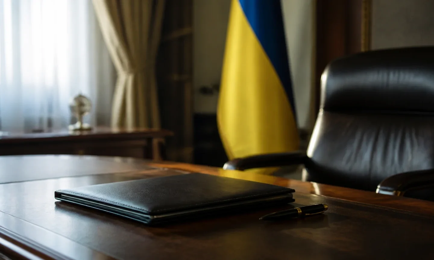 Робочий стіл із текою для урядового рішення на тлі прапора України