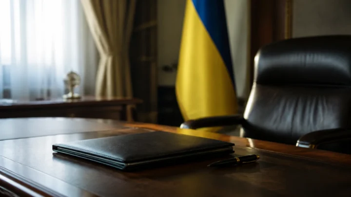 Робочий стіл із текою для урядового рішення на тлі прапора України