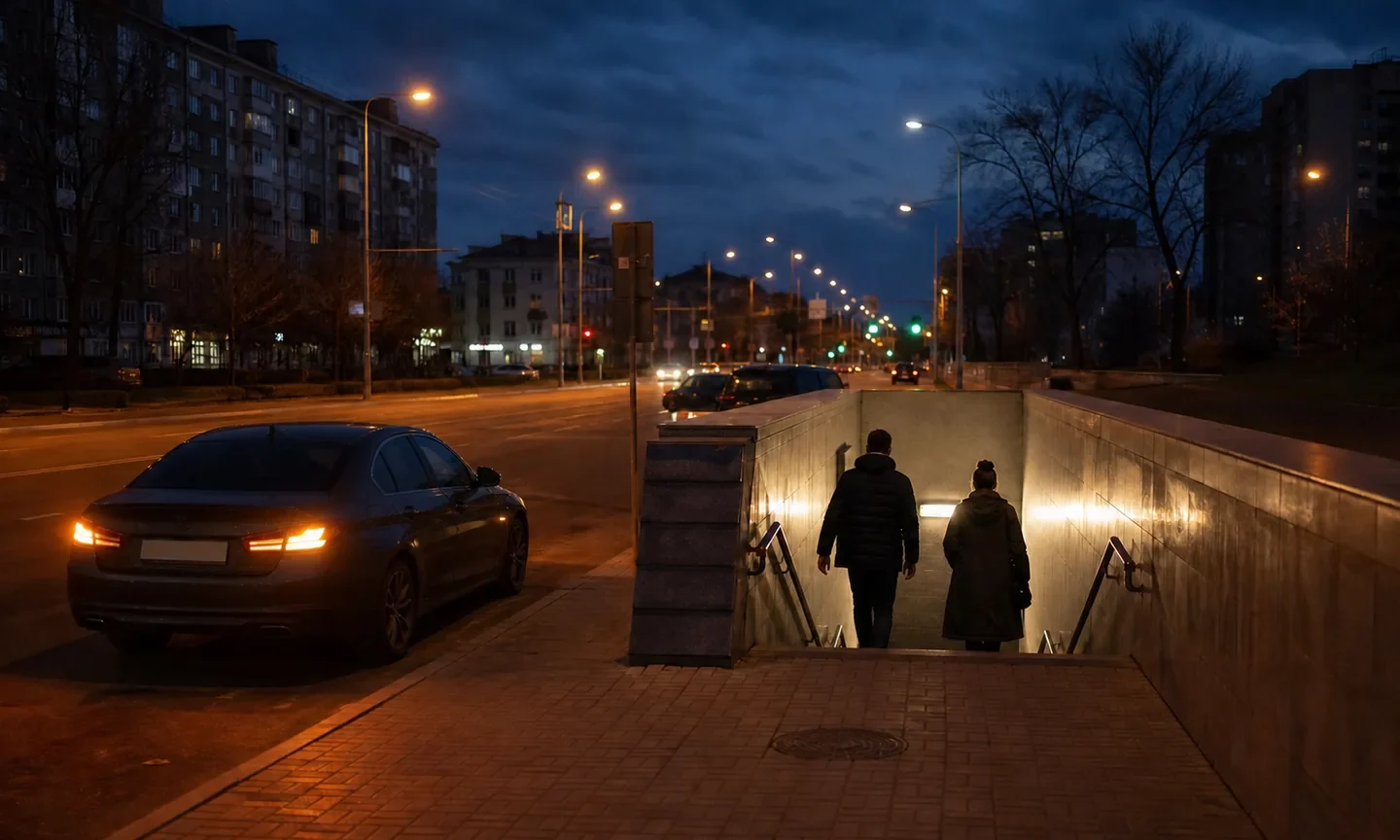 Люди спускаються до підземного укриття біля безпечно припаркованого автомобіля під час повітряної тривоги