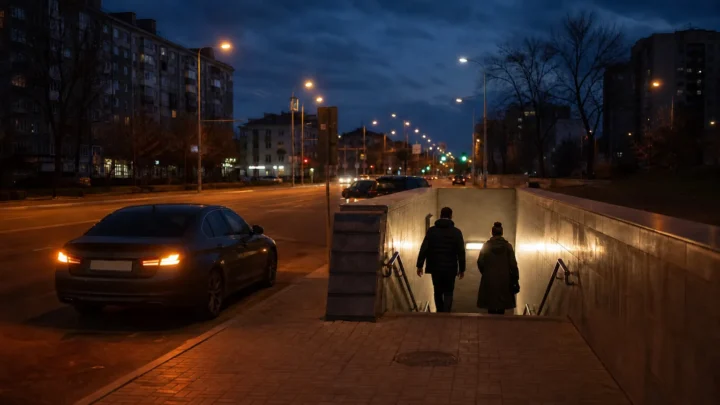Люди спускаються до підземного укриття біля безпечно припаркованого автомобіля під час повітряної тривоги